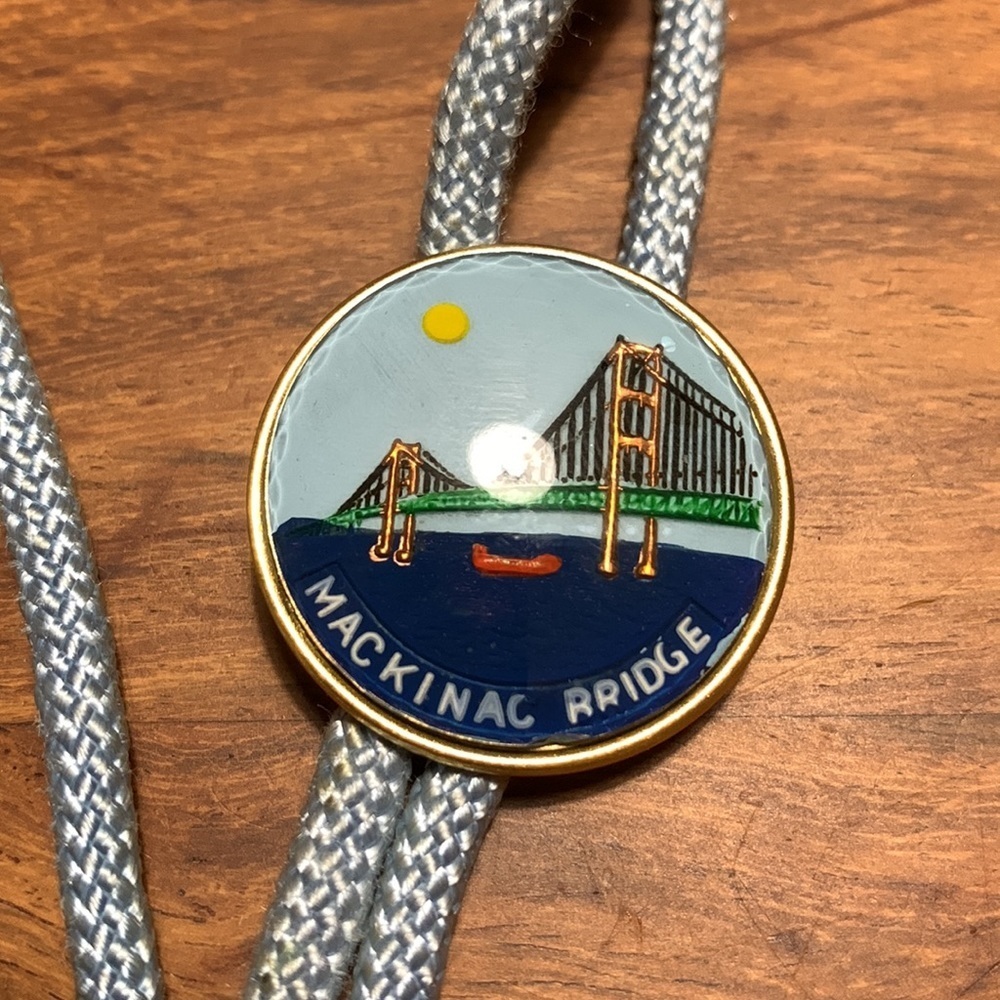 MACKINAC Bridge, Michigan, Bolo Tie, Textile Cord, Metal Trim 16”